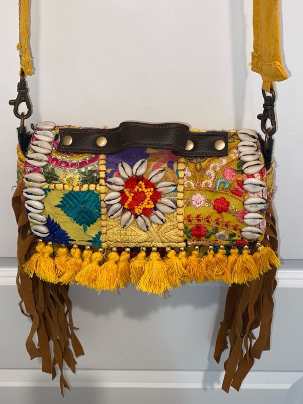 Boho Patchwork Yellow Fringe Crossbody Bag